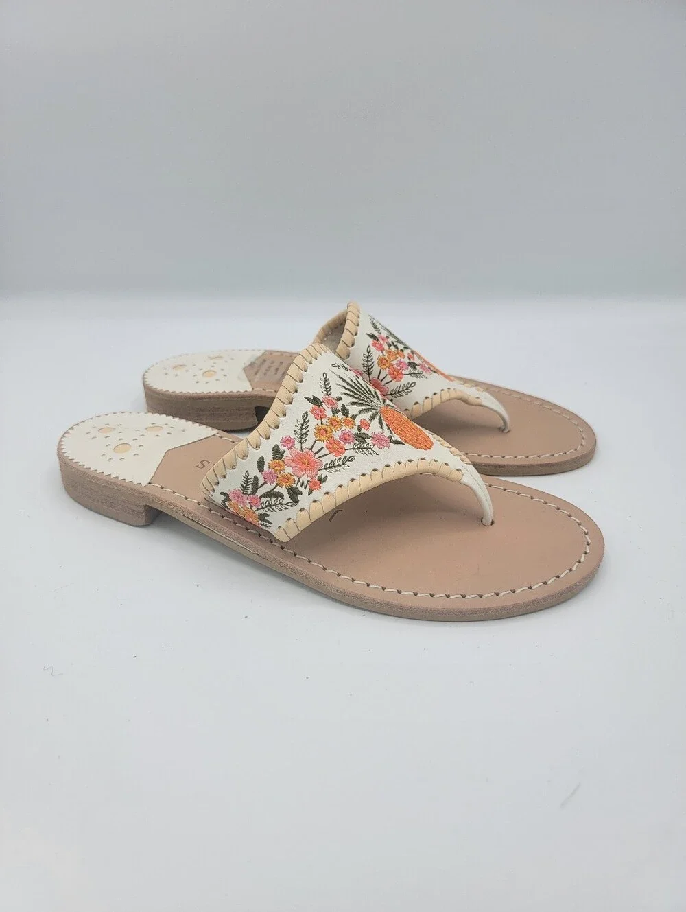 Jack Rogers Ivory Leather Thong Sandals with Orange & Pink Floral Embroidery